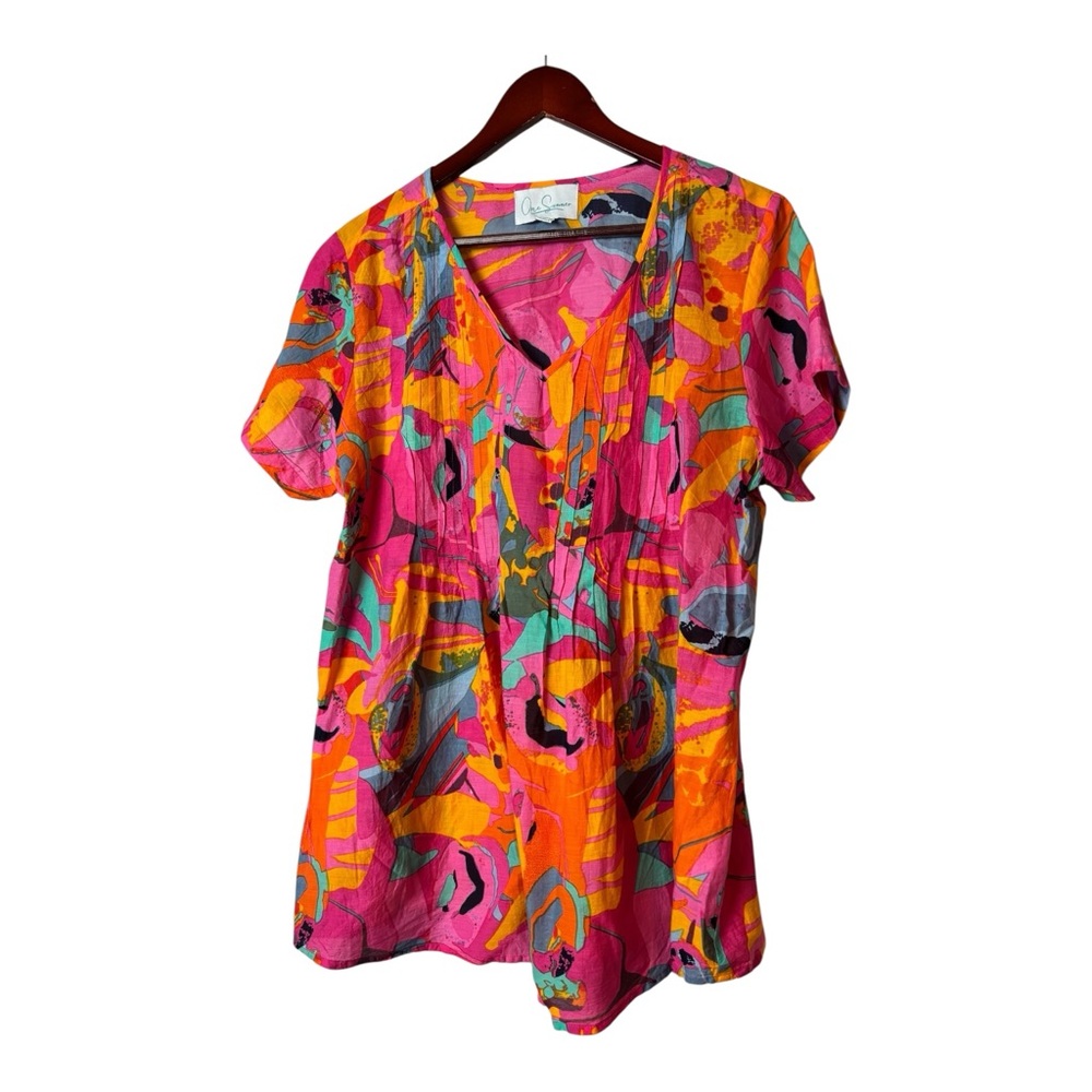 One Summer 100% cotton Vibrant Pink and Orange Abstract Blouse tunic top L